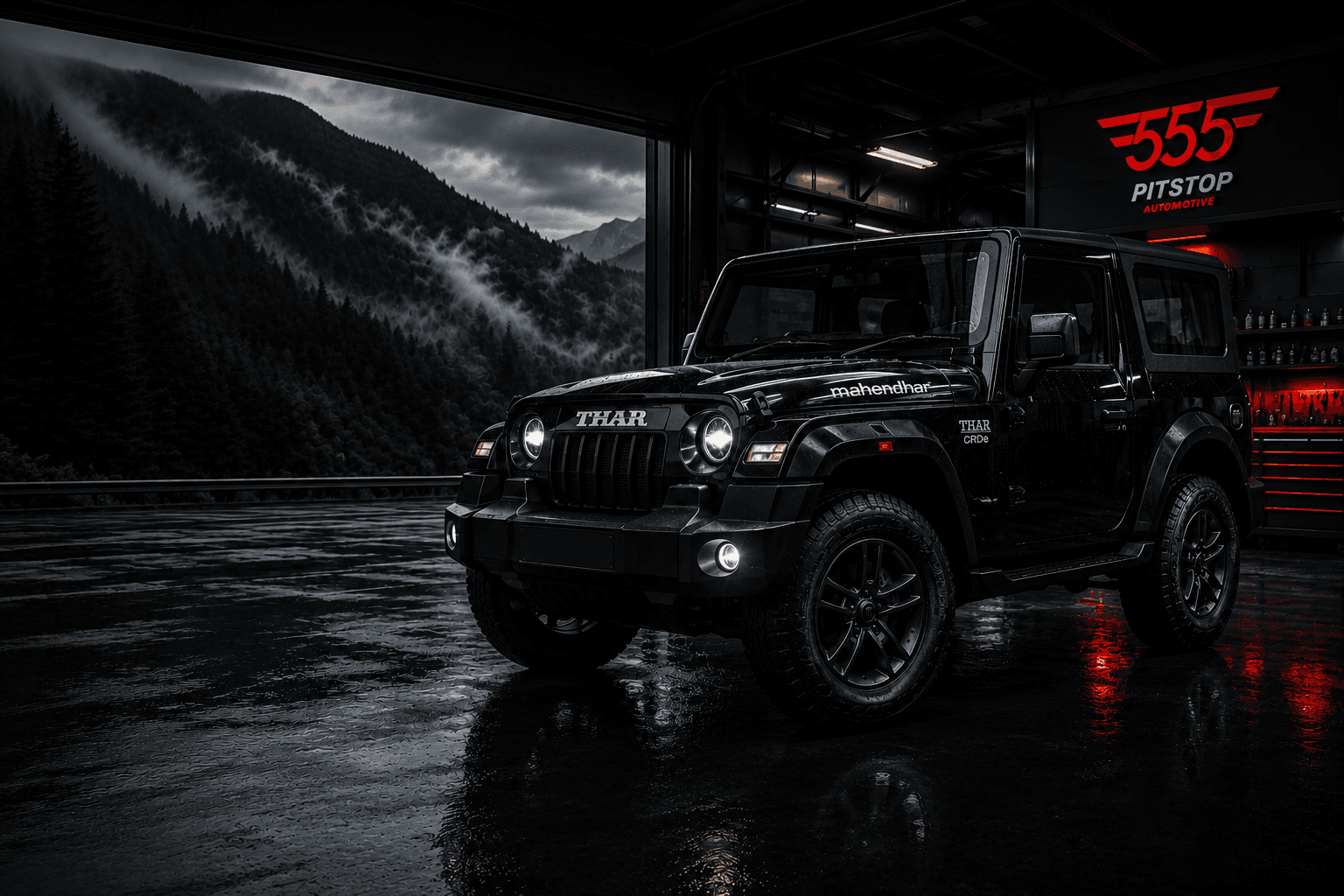 A Mahindra Thar fitted with ProMan 4x4 accessories at 555 Pitstop